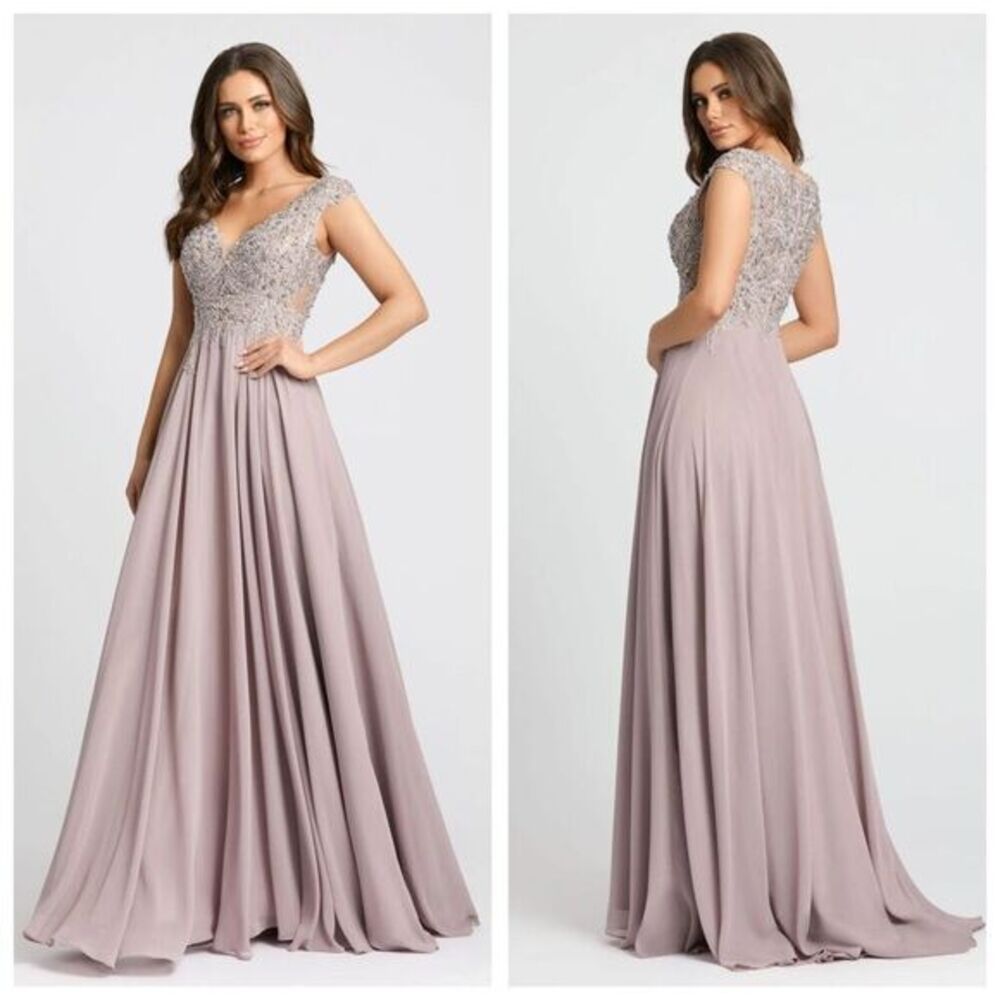 Mac Duggal 20264 Applique Cap Sleeve Bodice Flowy Sequin Gown Lilac Size 6